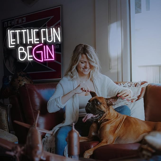 Let The Fun Begin Neon Sign USB Powered White Pink Fun Light Up Sign for Wall Decor Dimmable Led Letters Neon Light for Birthday Wedding Halloween Christmas Party Home Decor (15.8 * 11.8In)