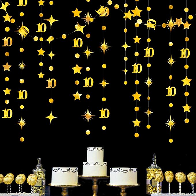 Gold 10th Birthday Decorations Number 10 Circle Dot Twinkle Star Garland Metallic Hanging Streamer Banner Backdrop for Girls Boys Double Digits Ten Year Old Birthday 10th Anniversary Party Supplies
