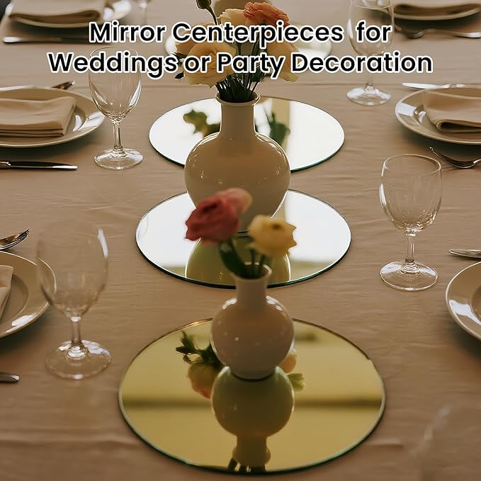 Glass Round Mirror Centerpieces for Tables, Set of 12Pcs 12" Golden Mirror Tables Centerpieces, Glass Trays for Wedding Decorations, Party Decorations, Baby Shower Party