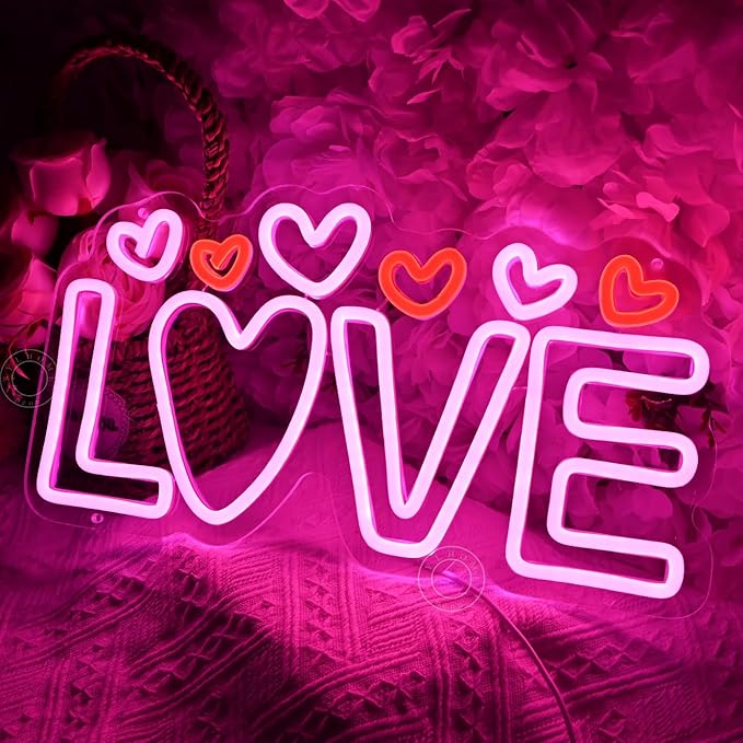 SYLHOME Led Neon Light Sign Love with Heart Kids Room Bedroom Wall Decor Sign Valentines Day Wedding Birthday Christmas Party Decor 15.75" X 8.66" USB