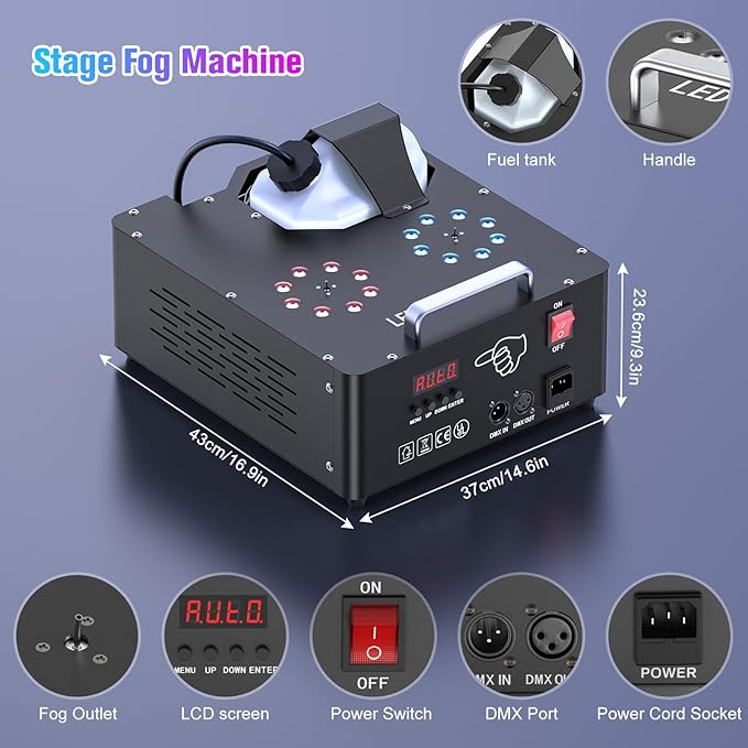 2000W Professional Fog Machine Dual Nozzle with 16 RGB LED, DMX Control Adjustable Smoke Direction, 2.5L Tank LCD Display 30000CFM for Halloween Christmas Stage DJ Party Club Events-8PC