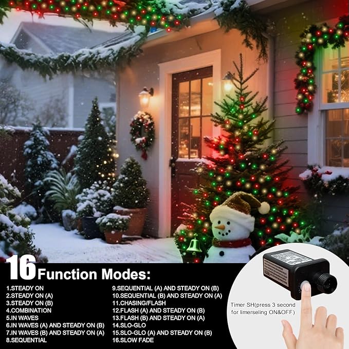 LAMPHOME 66ft Christmas Decorative Mini Lights, 200 LED Transparent Wire Fairy Starry String Lights Plug in, 16 Lighting Modes for Outdoor Xmas Tree Wedding Party Decoration (Red Green Warm)