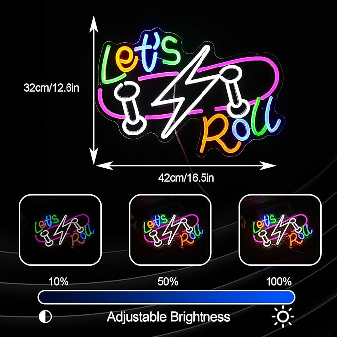 Let’s Roll Neon Sign Dimmable LED Skateboard Sign Light USB Cool Neon Light for Skateboard Shop Sports Bar Party Bedroom (16.5 * 12.2 In)