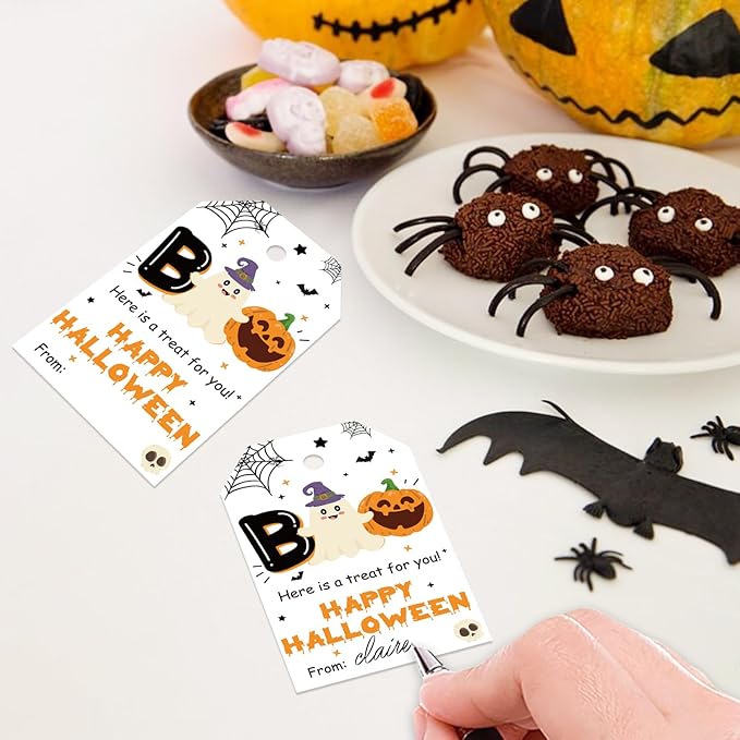 50pcs Boo Halloween Favor Tags, Halloween Class Gift Tags for Spooky Ghost Party Favor and Gift Wrapping Decoration (Happy)