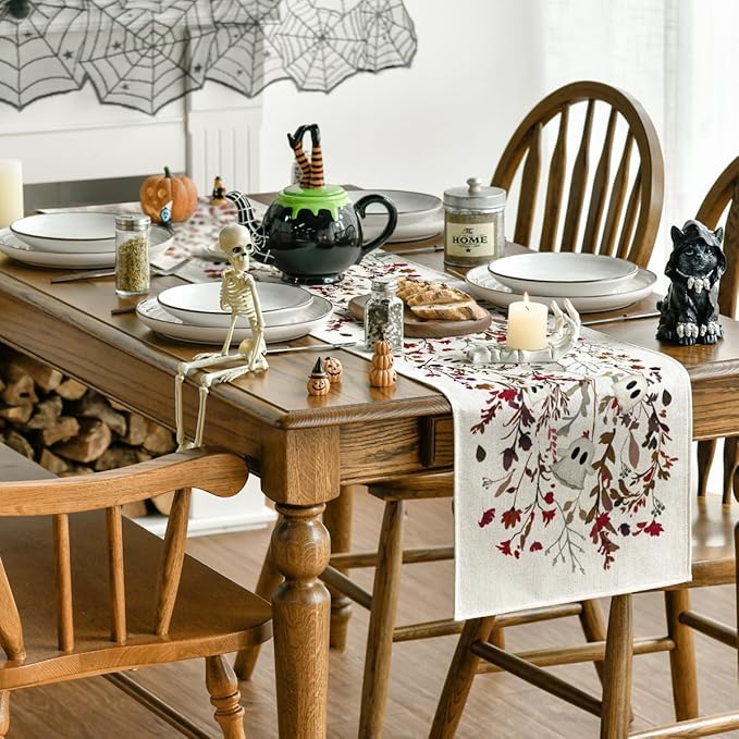 Artoid Mode Ghost Flowers Leaves 210 GSM Halloween Table Runner,Seasonal Fall Kitchen Dining Table Decoration for Home Party Decor 13x120 Inch