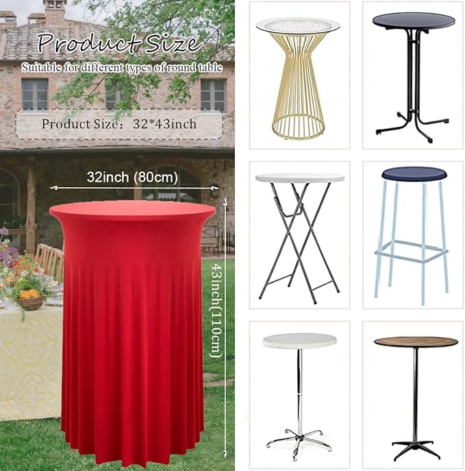 Albassa 4 Pack Cocktail Table Covers 32"x 43" Spandex Stretch Round Cocktail Tablecloths with Wavy Drapes Fitted High Top Bar Table Skirt for Wedding Party Banquet (Red, 4 PCS)