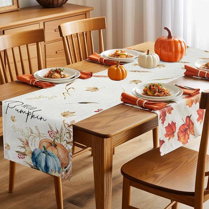 Fall Thanksgiving Cotton Linen Table Runner for Dining Kitchen, Orange Pumpkins Outdoor Party Autumn Tablerunners Decoration, Rustic Wheat Leaves Dresser Scarf Coffee Tablecloth Runners 13x60 Inches