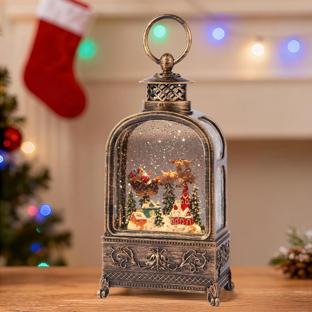 Village Snow Globe Christmas, 10.2 Musical Snow Globe Lantern Lights with 6H Timer Battery & USB Powered, Retro Style Holiday Glitter Snow Globes for Xmas Home Decoration Indoor Party Gifts