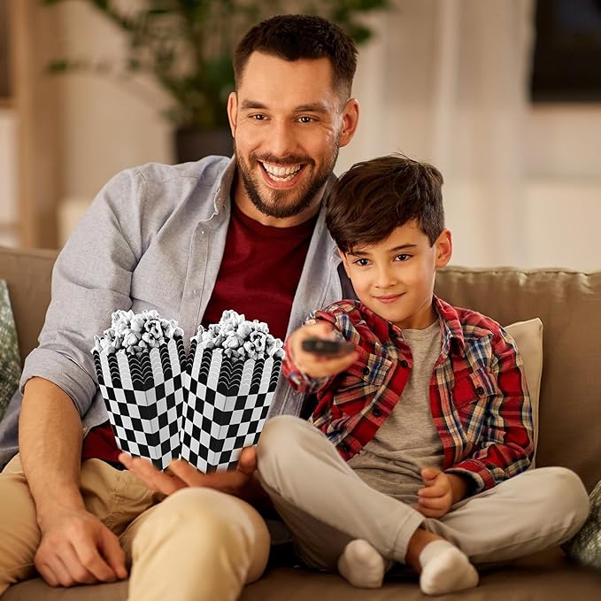 50 Pcs Checkered Popcorn Boxes Mini Paper Popcorn Bags for Race Car Party for Movie Nights Birthday Wedding (Black Checkered)