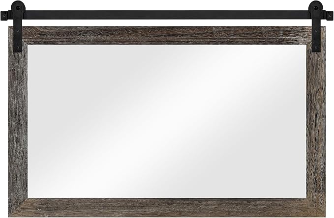 COGOOD Farmhouse Barn Door Mirror - 41" x 26" Rustic Wood Framed Wall Mirror for Bathroom, Living Room, Entryway Wall Decor (Speckled White)