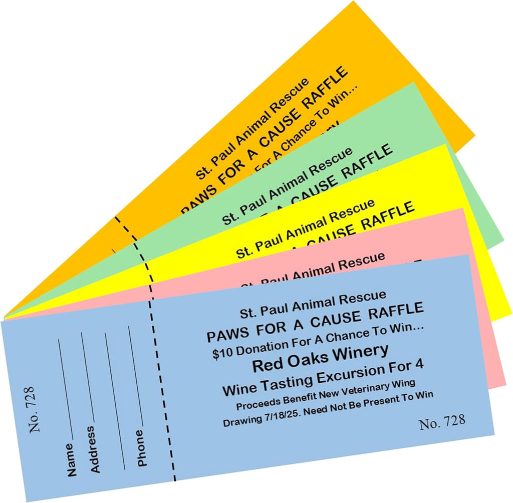 500 Custom Printed Raffle Tickets For Your Fundraiser! Your Choice Of Card Stock Printed, Numbered & Perforated With Stub. Great for Fundraising, 50/50 And Weddings. Other Quantities Available.