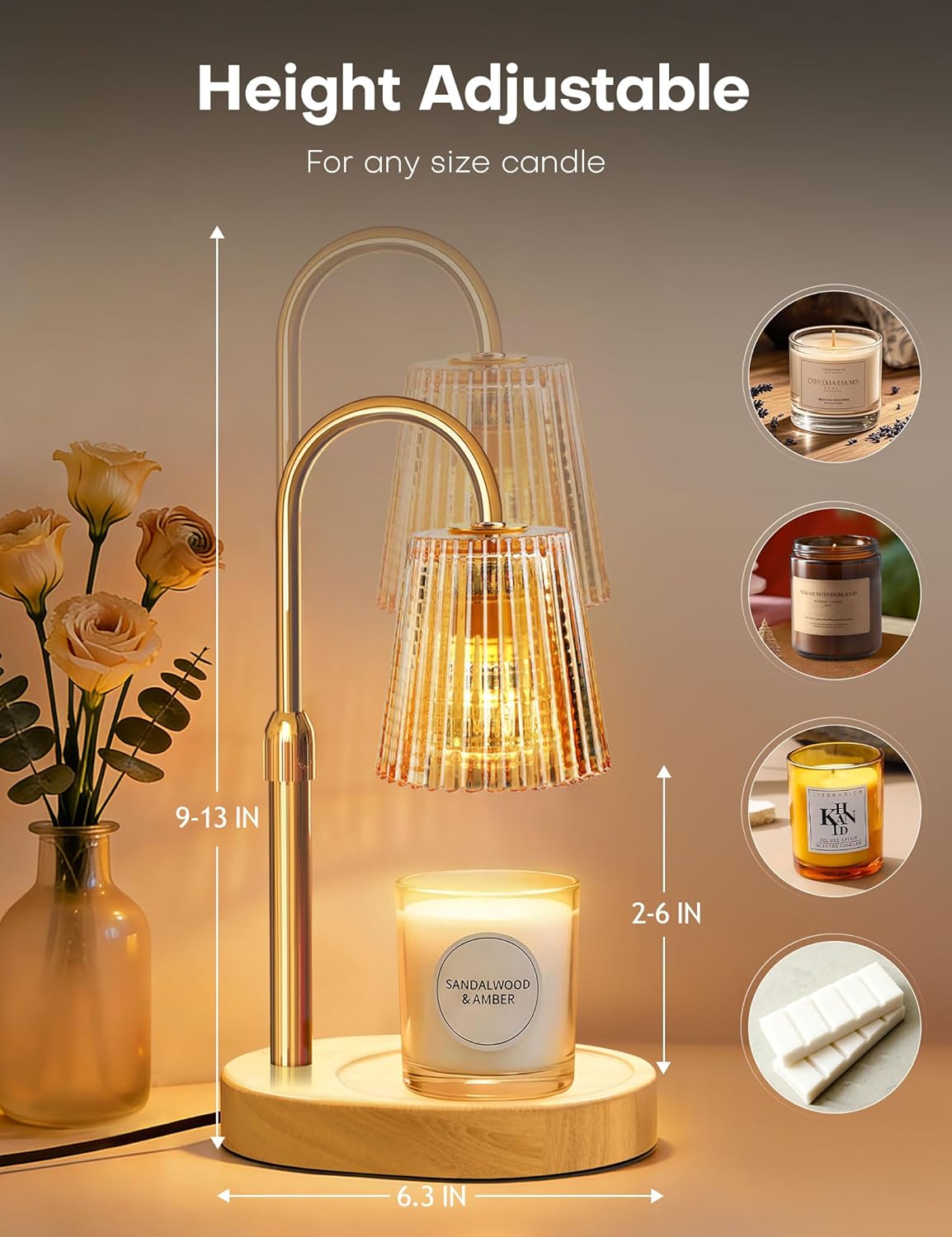 Candle Warmer Lamp with Timer Dimmer Adjustable Height, Electric Wax Melts Warmer for Jar Candles, Birthday Christmas House Warming Gifts for Women Mom, New Home Bedroom Decor with 2 Bulbs