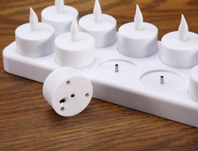 WoneNice USB Rechargeable Flameless Candles, 12 Pack LED Tea Lights with Charging Dock & AC Adapter, Safe Battery Operated Fake Votive for Wedding Christmas Lanterns Emergency Home Decor