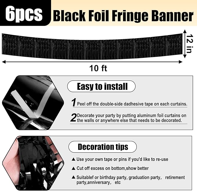 6 Pack 10 Feet Black Foil Fringe Garland Metallic Tinsel Streamers Banner Wall Hanging Curtain Backdrop for Parade Floats, Birthday, Graduate, Mother's Day, Wedding Party Decoration
