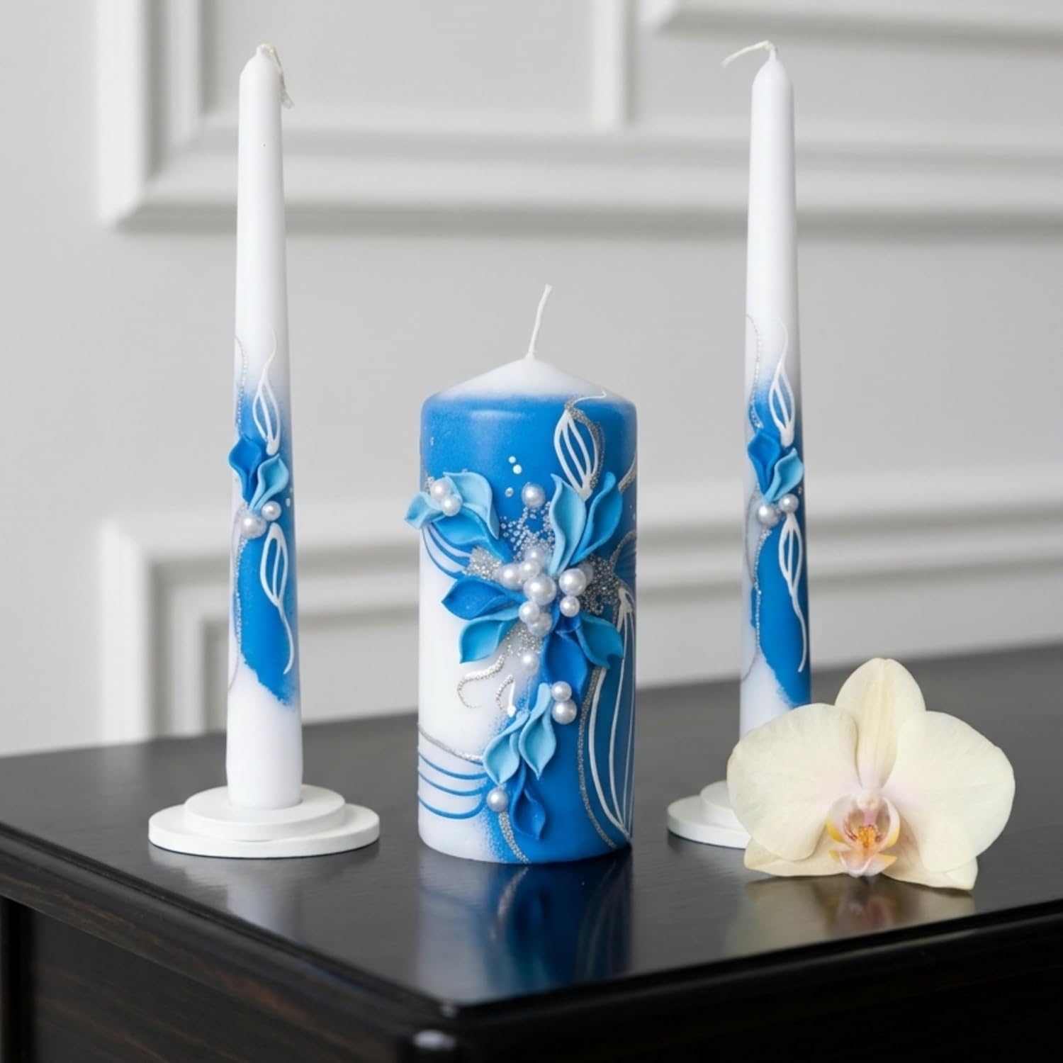 Unity Candle Set for Wedding Ceremony & Reception – 6” Pillar & Two 10” Taper Candles – Wedding Decor for Reception and Church Services – Handmade in USA –White | Royal Blue