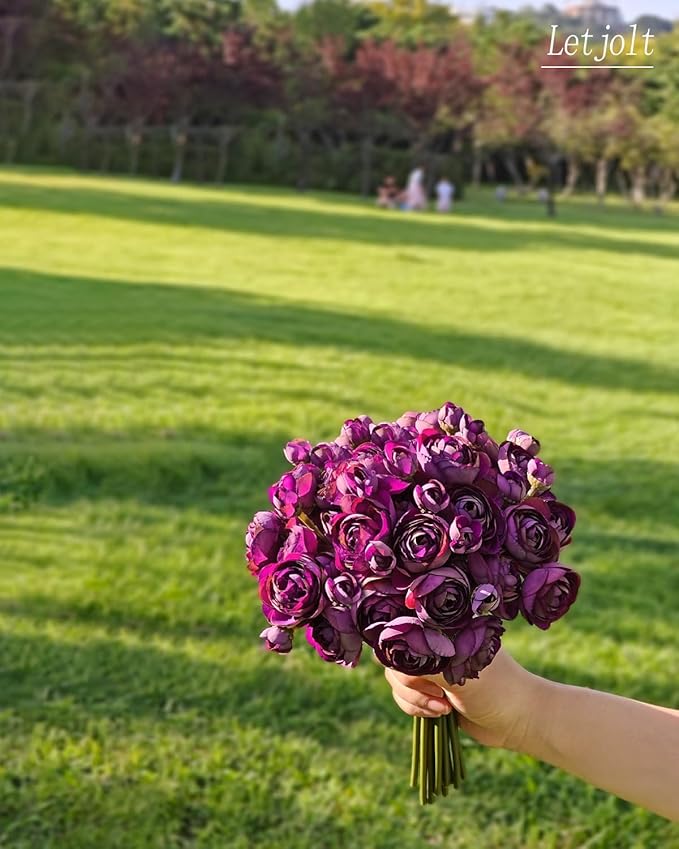 Letjolt Ranunculus Artificial Flower 18 Pcs Purple Silk Ranunculus Wedding Bouquet Engagement Centerpieces Arrangements Bridal Shower Decorations Home Decor, Purple