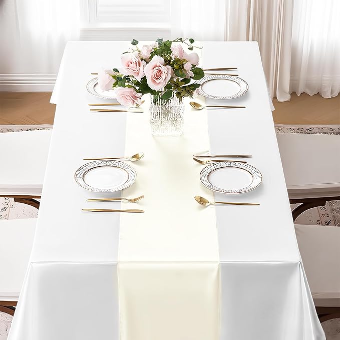 SHEJIZE 10 Pack White Satin Table Runner 12x108 Inches Long, Bright Silky Smooth Satin Table Runner Table Decor for Wedding Banquet Christmas Prom Event Birthday Party