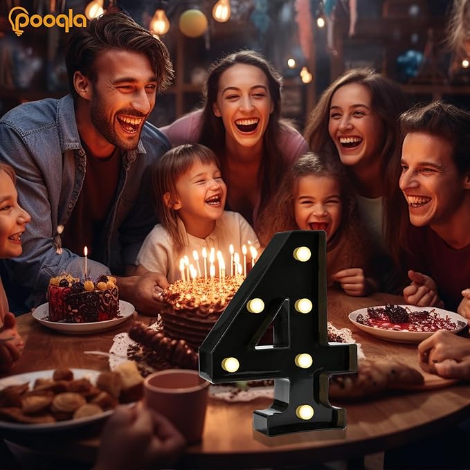 Pooqla Light Up Numbers, Lighted Marquee Number Sign for 4th Birthday Party Decor, Battery Powered LED Number Lights for Party Decor, Lights Sign for Wall Home Anniversary, Decoration 4