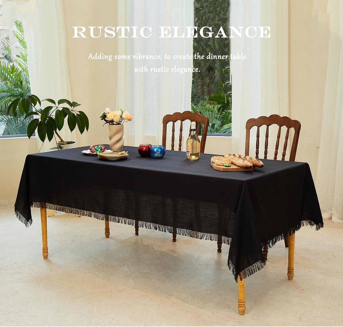 Midsummer Breeze Black Fringed Tablecloth Rectangle 55”x120”