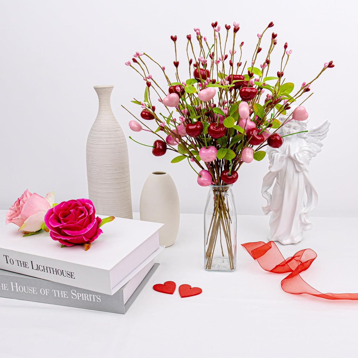 Yawwind 12 PCs Valentine Table Centerpieces 17 Inches Valentines Picks Valentines Day Floral Stems Romantic Heart Flower Picks with Cherry for Gift Vase Table Centerpiece Wedding Indoor Decor