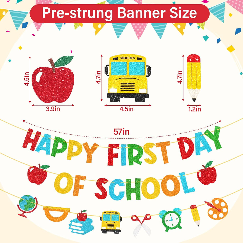 Shzbtdo Pre-Strung Happy First Day of School Banner, Glitter First Day of Kindergarten Decorations for Classroom, Welcome School Decorations for Kindergarten PreK 1st Grade Students