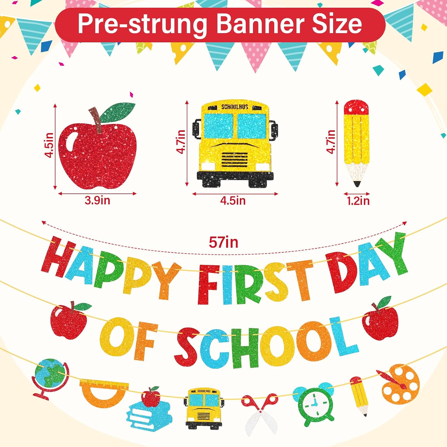 Shzbtdo Pre-Strung Happy First Day of School Banner, Glitter First Day of Kindergarten Decorations for Classroom, Welcome School Decorations for Kindergarten PreK 1st Grade Students
