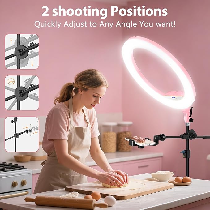 Ring Light with Stand 22inch Kit: Professional Ring Light Overhead Tripod for iPhone ipad, LCD Display/2 USB Ports for Makeup Barber Tattoo Lash Extension Video Photography Lighting (Pink)