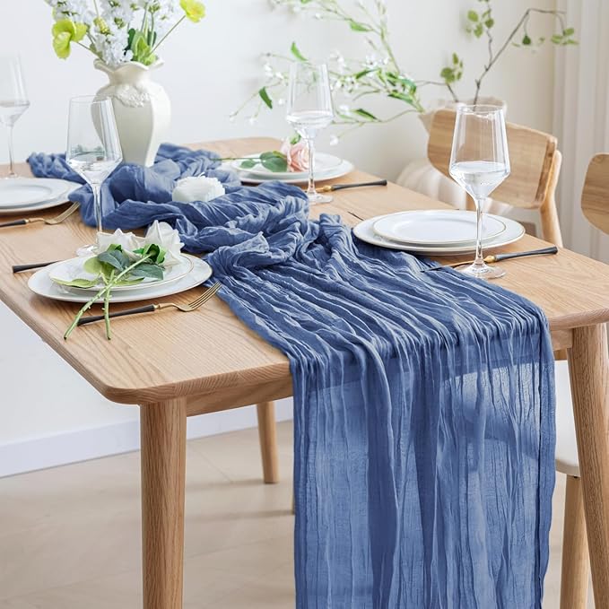 Asee'm Cheesecloth Table Runner 120 Inches Blue Boho Gauze Cheese Cloth Runner 10FT Rustic Sheer Dining Table Runners for Fall Thanksgiving Wedding Baby Shower Centerpiece Decoration