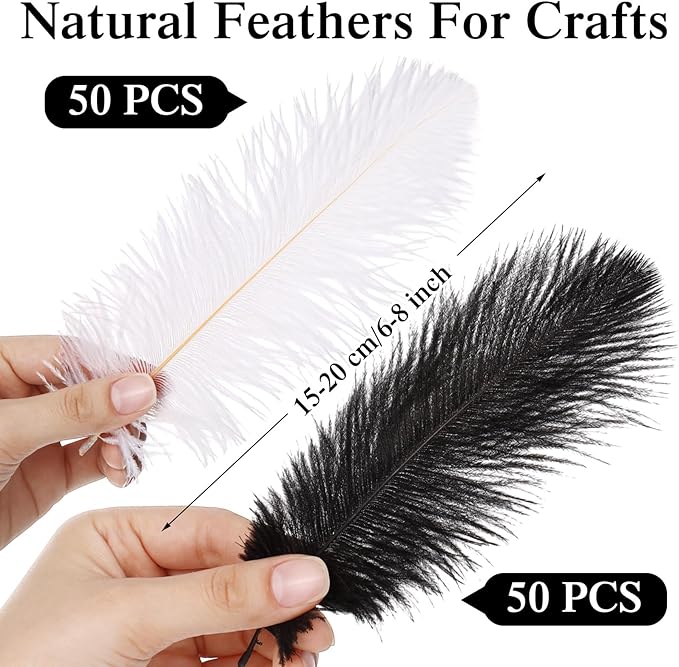 Crowye 100 Pcs Ostrich Feathers Bulk for Centerpieces Craft Ostrich Feathers for Vase Wedding Masquerade Party Home Costume Decorations (6-8 Inch,Black,White)