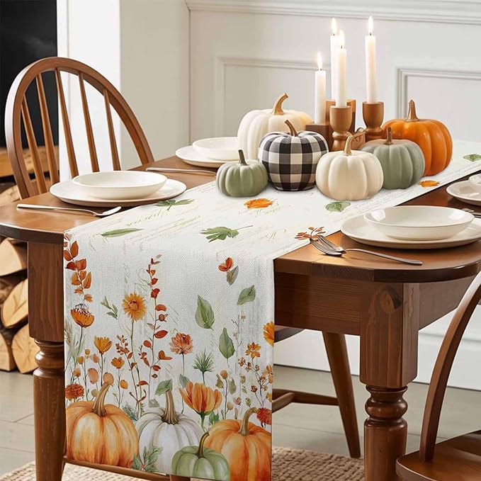 Fall Wildflowers Cotton Linen Table Runner for Dining Kitchen, Thanksgiving Pumpkin Outdoor Party Rustic Tablerunners Decoration, Botanical Floral Vintage Dresser Scarf Tablecloth Runners 13x72 Inches