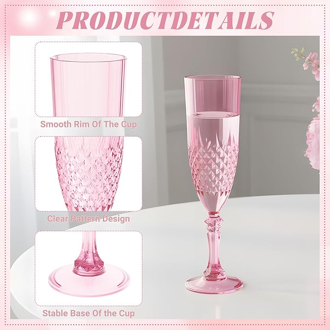 Plastic Champagne Flutes, 48PCS Pink Wine Glasses Goblets Cups Reusable Flute, for Weddings Bachelor Parties Toasting and Events (48, Pink)