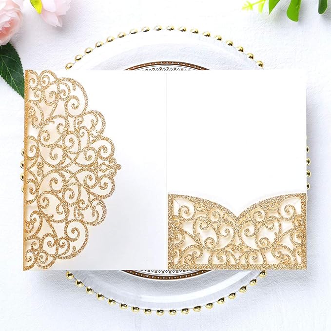 ponatia 5.12 x 7.2 Laser Cut Invitation Pocket, 20PCS Tri-Fold 5 x 7 Laser Cut Wedding Invitation Pockets with Envelopes for Wedding Bbay Shower Birthday Invite (Gold Glitter, No Inner Sheet)