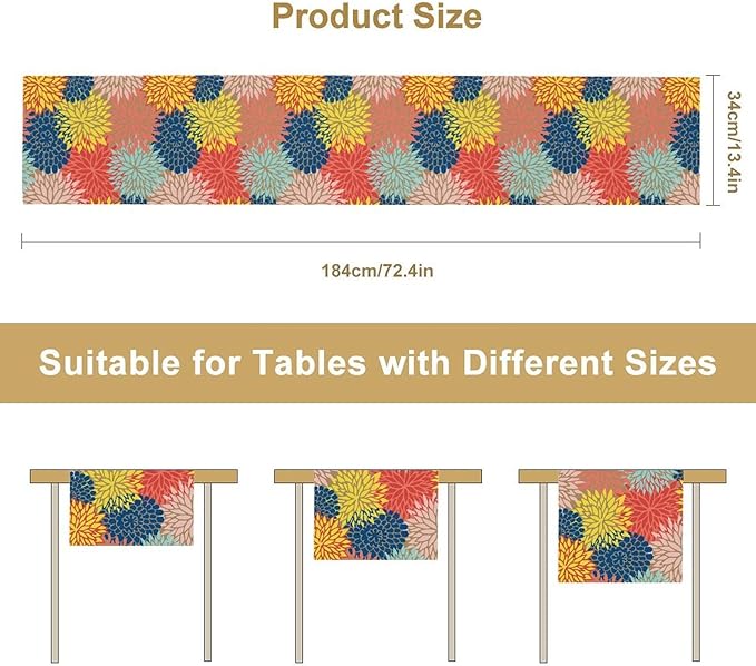 Dahlia Flowers Table Runner Colorful Floral Teal Grey Pink Yellow Blue Abstract Table Runner Kitchen Dining Party Decor Living Room, 13x60 Inch