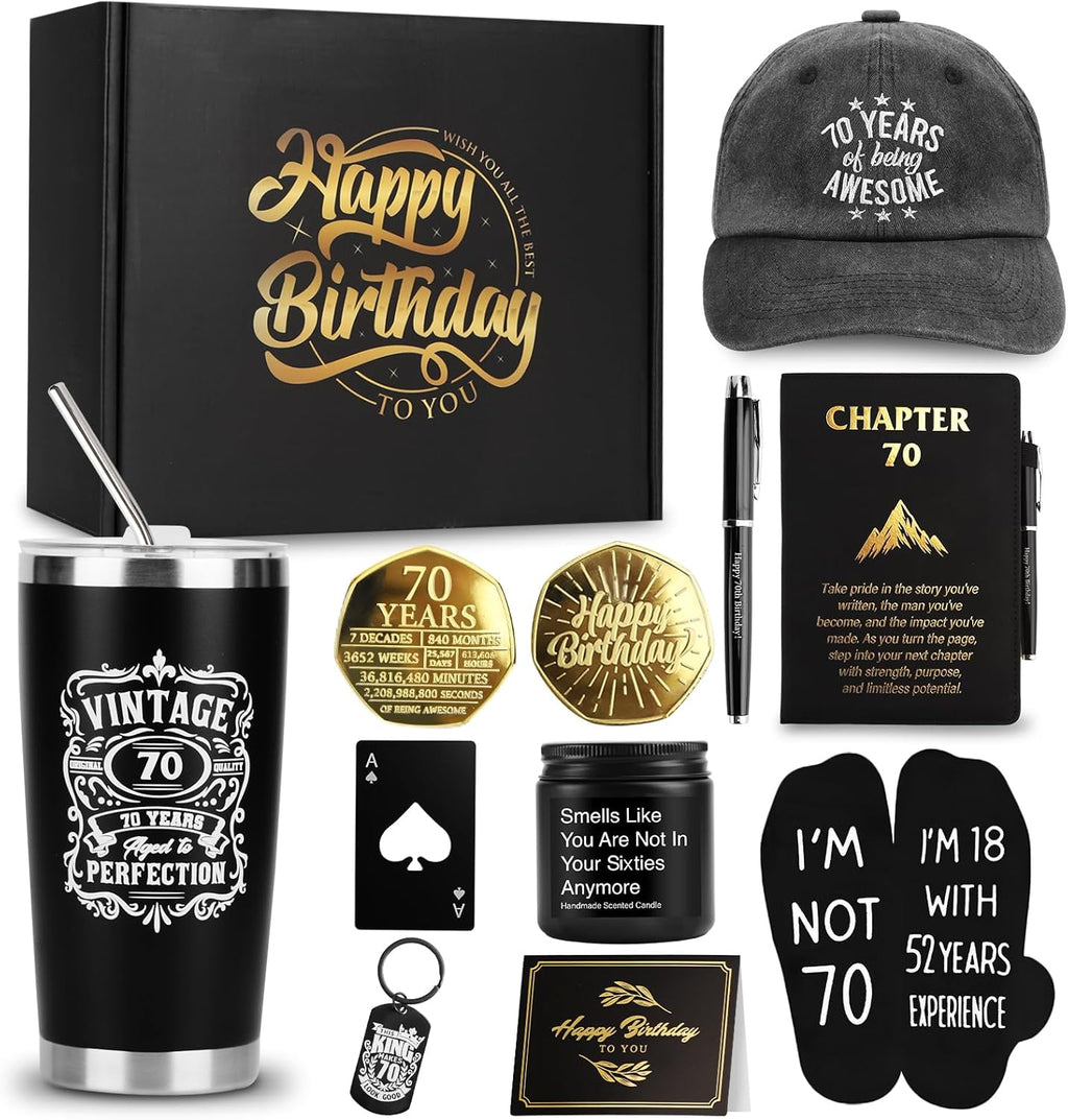 70th Birthday Gifts for Men - Unique Comprehensive Black & Gold Gift Box for Husband, Dad, Grandpa, Friends, Him