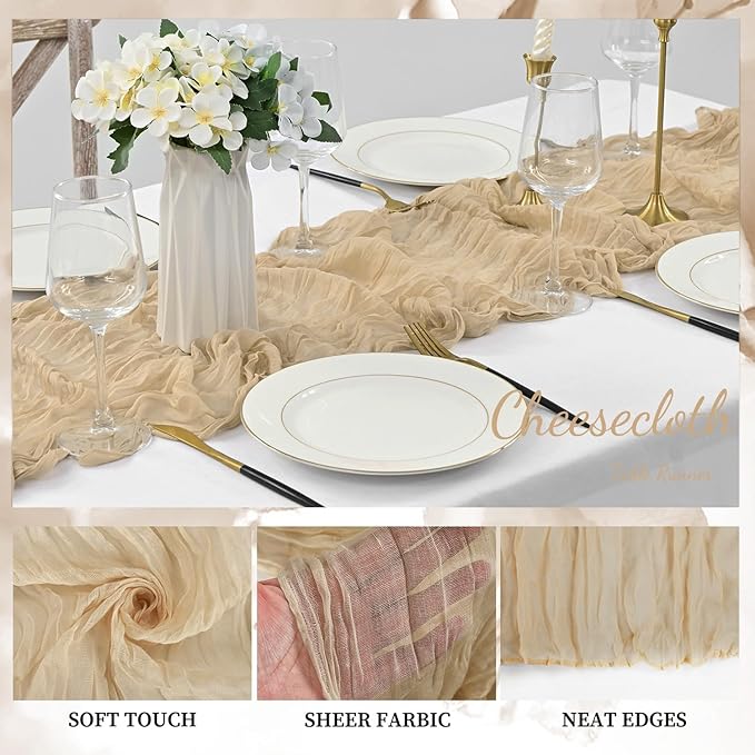 Sand 20 Pack 10FT Cheesecloth Table Runner 20 x 120 Inch Long Rustic Gauze Cheese Cloth Table Runner for Wedding Bridal Baby Shower Table Decorations Boho Fabric Sheer Birthday Party Table Decor