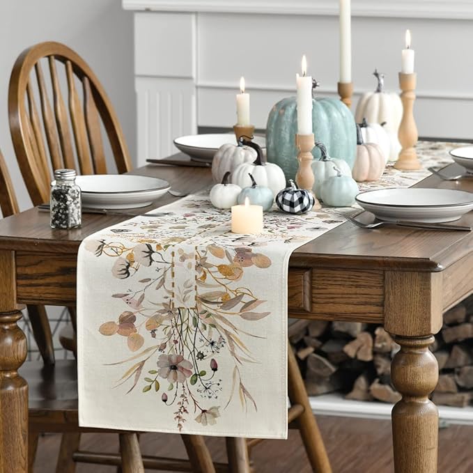 Artoid Mode Wildflower Leaves Floral Fall Table Runner, Autumn Thanksgiving Kitchen Dining Table Decoration for Indoor Outdoor Home Party 13x90 Inch