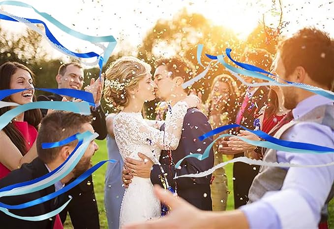 100 Pack Blue Lace Wedding Ribbon Wands Streamers with Bells Silk Fairy Wands Sticks Wedding Exit Ribbon for Party Activities Bridal Shower Send Off Holiday Celebration