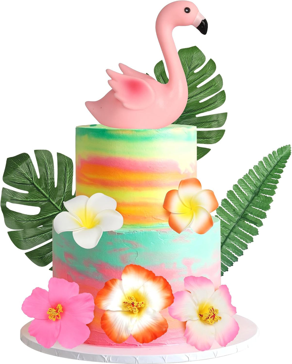 9 PCS Flamingo Cake Toppers Palm Leaves Hibiscus Flowers Flamingo Cake Decoration Hawaiian Cake Decorations for Tropical Luau Summer Hawaii Theme Baby Shower Birthday Party Decorations Supplies