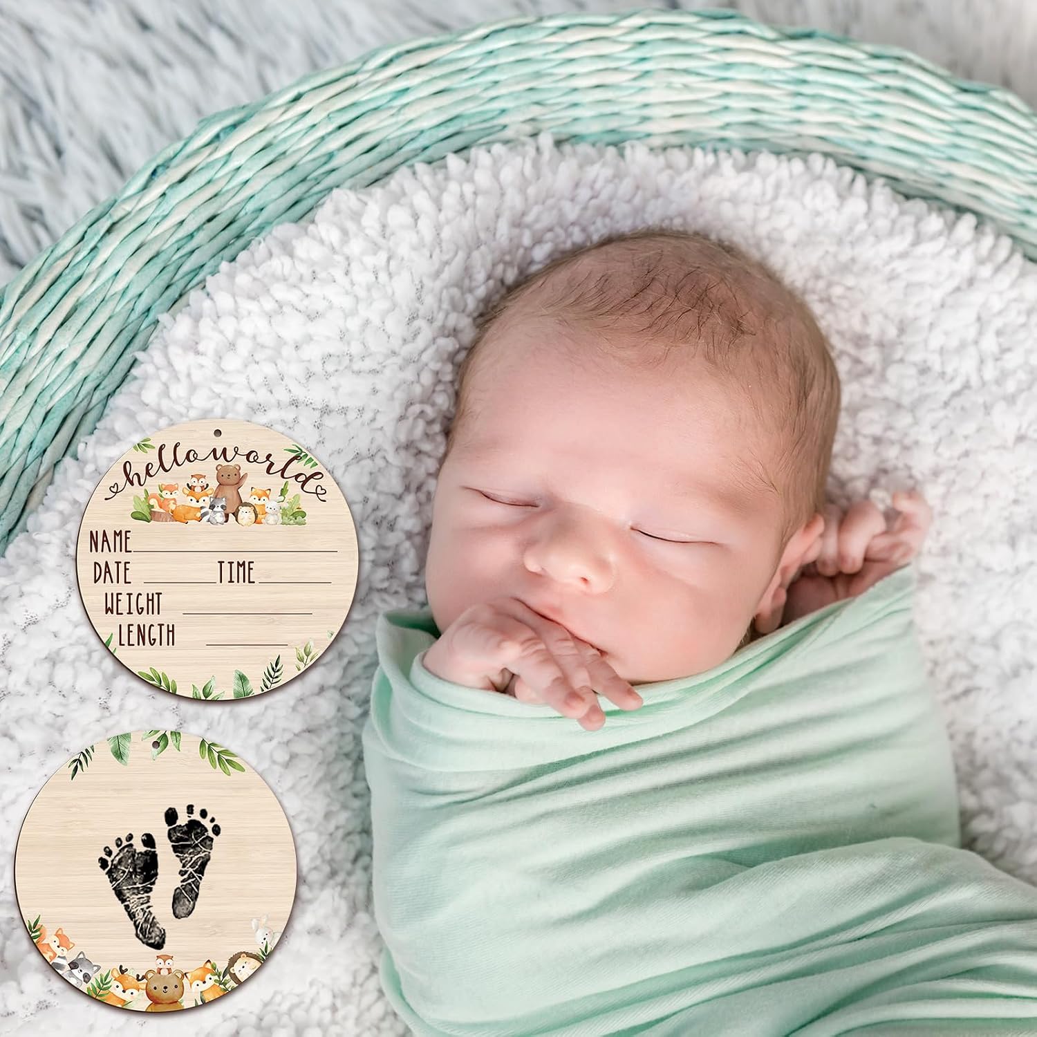 Thyle Baby Announcement Wooden Name Sign for Hospital Birth Double Sided Newborn Welcome Sign with Marker Pen and Ink Pad for Baby Shower Hand Footprints(Jungle)