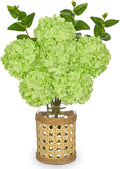 Hollyone Green Hydrangea Artificial Flowers in Woven Glass Vase with Faux Water Silk Hydrangeas Fake Flowers Floral Arrangement for Home Indoor Bathroom Kitchen Office Table Centerpiece Shelf Decor