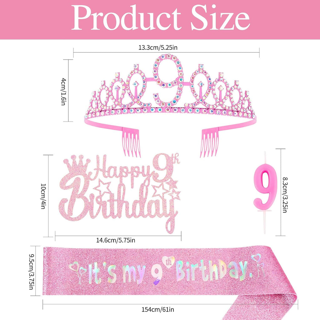 9th Birthday Party Decorations Set for Girls- Pink Crown, Glitter Sash, Number 9 Candle & Cake Topper Kit for Birthday Celebrations Party Supplies Gift
