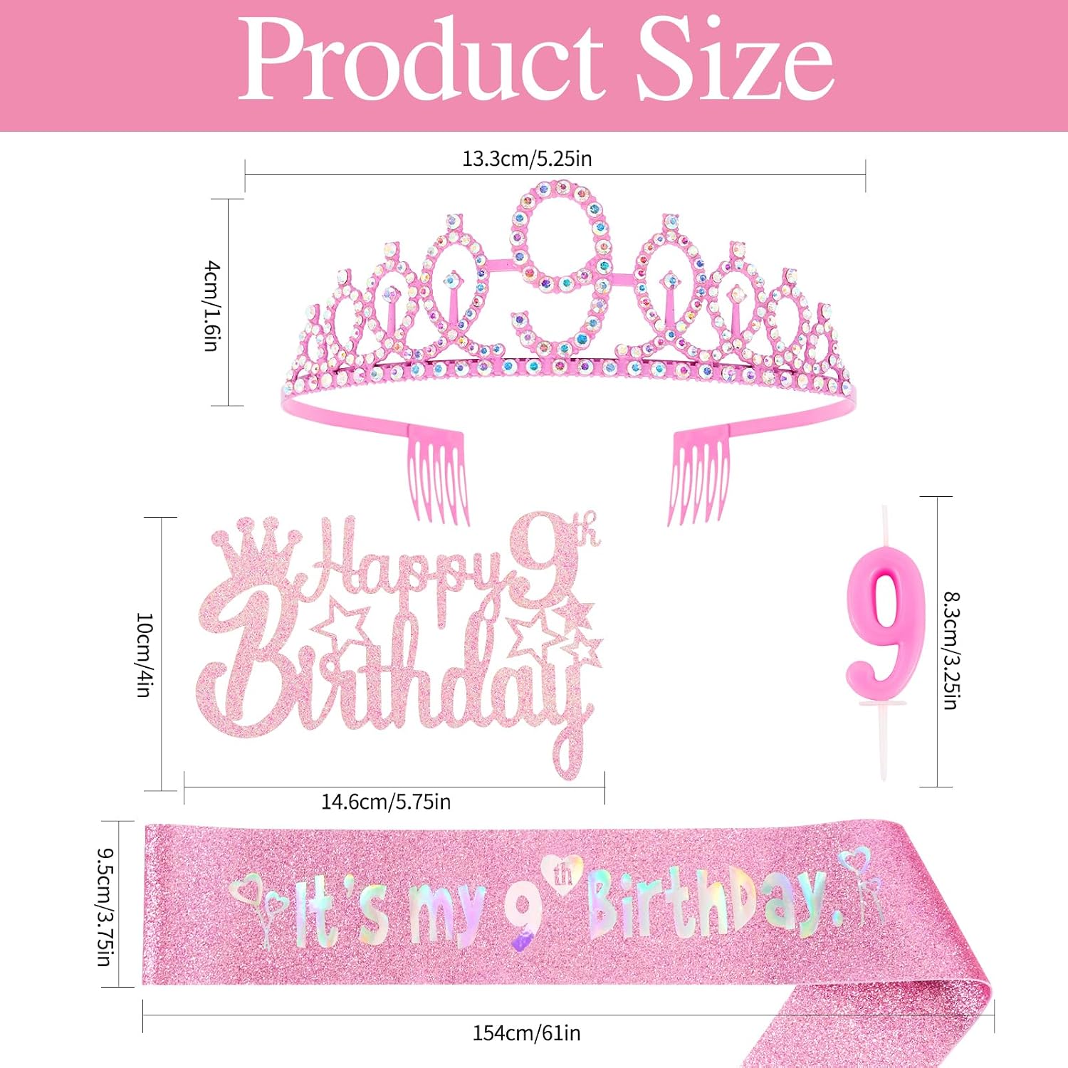 9th Birthday Party Decorations Set for Girls- Pink Crown, Glitter Sash, Number 9 Candle & Cake Topper Kit for Birthday Celebrations Party Supplies Gift