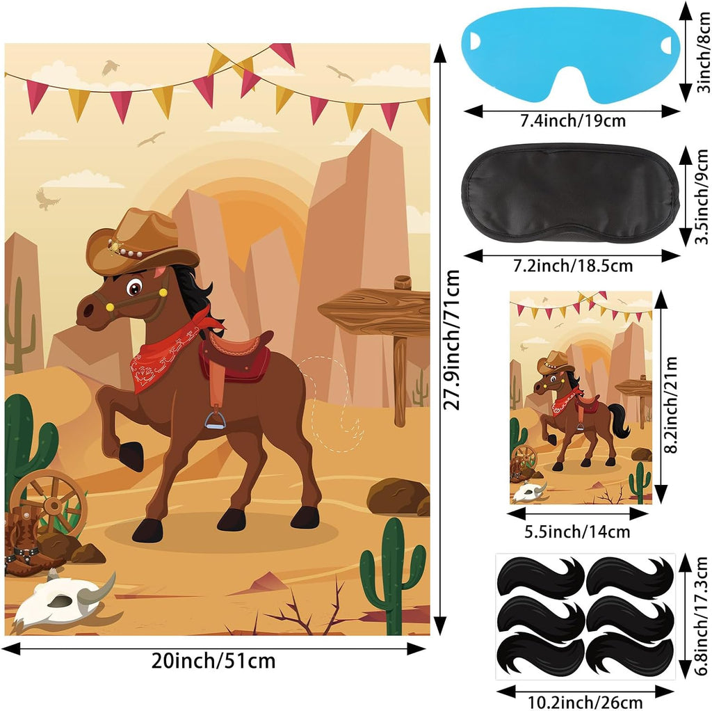 Hxezoc Pin The Tail On The Horse Game with 30 Pcs Tails Large Western Cowboy Horse Games Poster for Kids Cowboy Party Favor Western Birthday Party Carnival Party Supplies