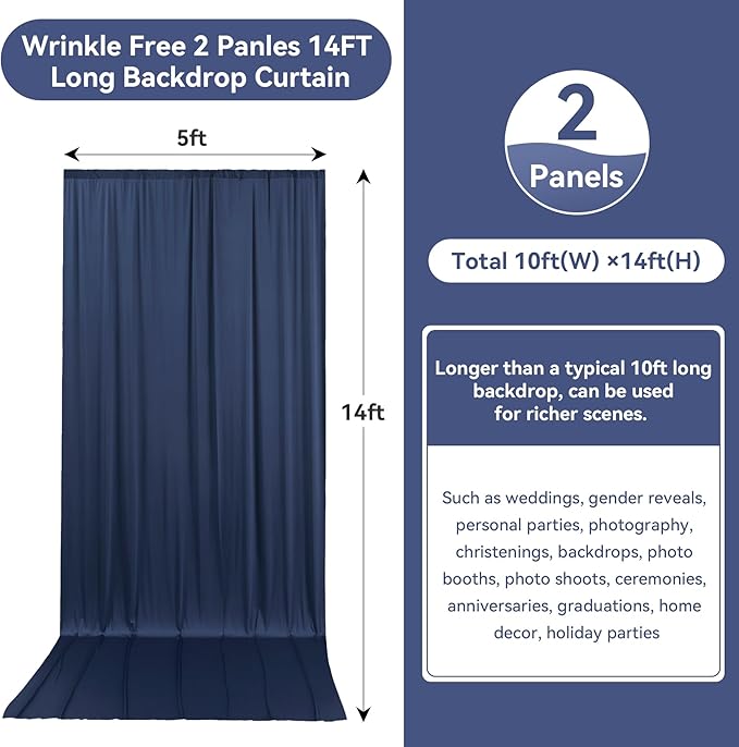 10ftx14FT Wrinkle Free Navy Blue Backdrop Curtain, 2 Panels 14FT Height Navy Blue Wedding Backdrop Drapes, Silky Polyester Back Drop Cloth for Birthday Photography Background Party Backdrop Draping