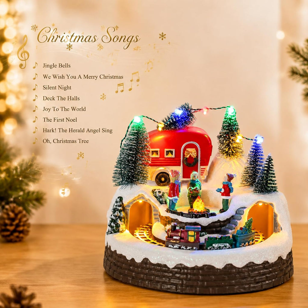 mumtop animated christmas village camper with moving train, side view