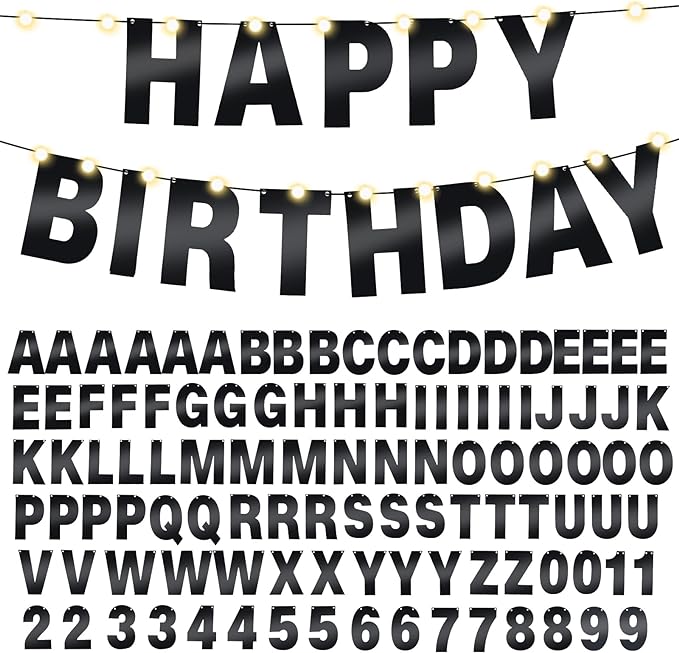 TaoBary 112 Pcs DIY Letter Kit Glitter Customizable Banner Letters Include 107 Letters and Numbers 3 Rope and 2 Needles for Birthday Halloween Christmas Wedding Valentine Party Decor(Bright Black)