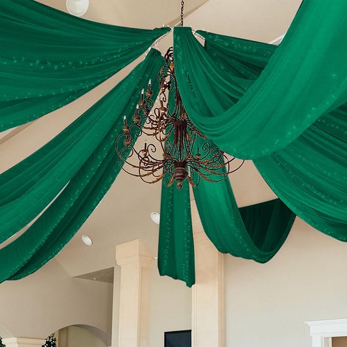 6 Panels Emerald Green Wedding Ceiling Drapes 5ftx30ft Ceiling Drapes Chiffon Fabric Arch Draping Sheer Curtains Soft Drapery Draping Wedding Ceiling Decorations for Party Ceremony Stage Swag