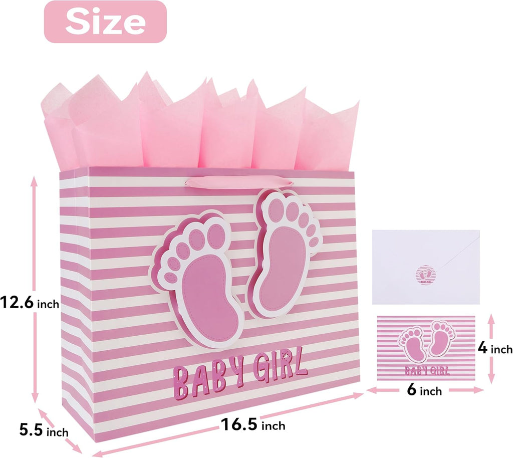 16.5'' Extra Large Baby Girl Gift Bag Set with Handles, Greeting Card, Pink Tissue Papers and Stickers for Girls Kids for Baby Shower, Girls' Birthday Party, Newborn, New Moms, Little One, 1st Baby, 3D Footprints Design, 1 Pcs