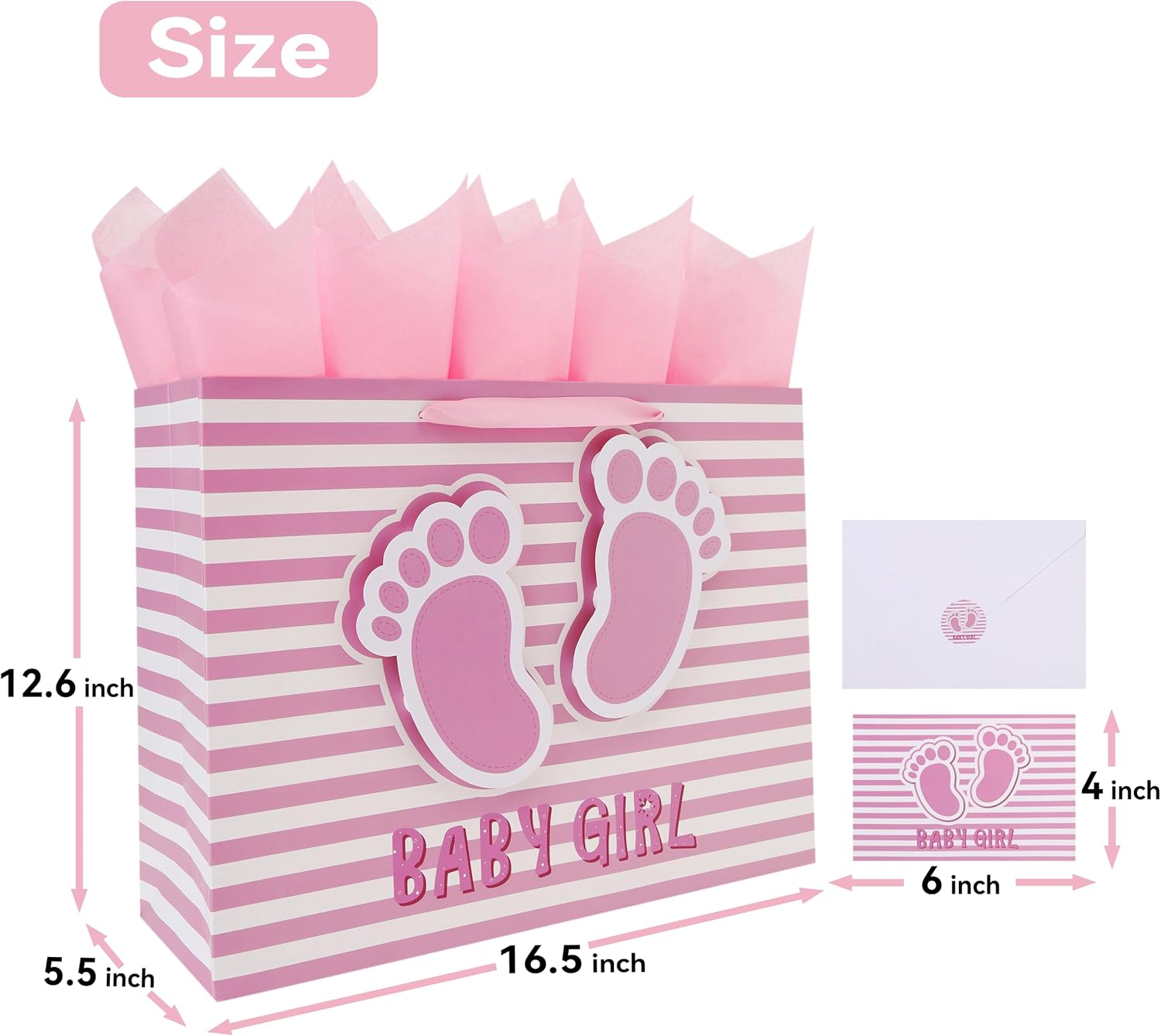 16.5'' Extra Large Baby Girl Gift Bag Set with Handles, Greeting Card, Pink Tissue Papers and Stickers for Girls Kids for Baby Shower, Girls' Birthday Party, Newborn, New Moms, Little One, 1st Baby, 3D Footprints Design, 1 Pcs