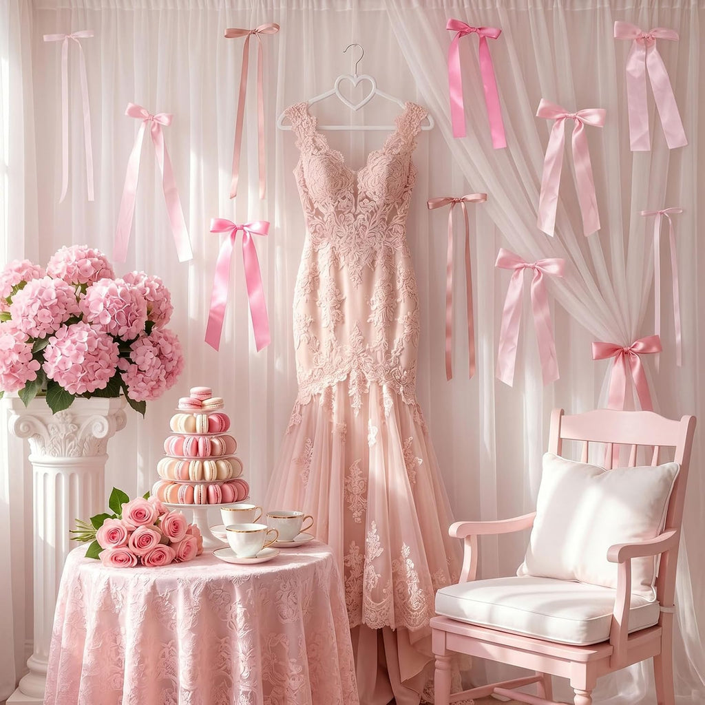 Pink Bow Birthday Decorations, 40Pcs Dusty Pink Bow Wall Decor DIY Ribbon Satin Bows Garland Photo Backdrop for Women Girl Coquette Bachelorette Baby Bridal Shower Room Bedroom Wedding Party Decor